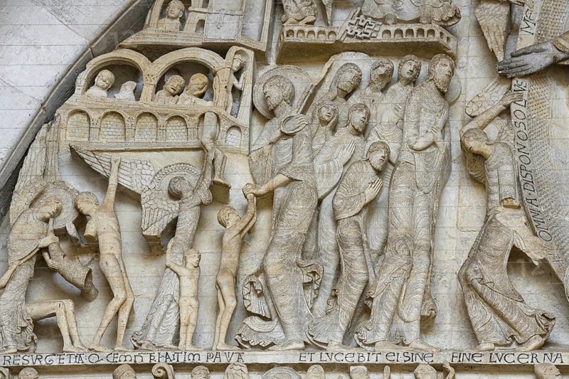 Famous tympanum of Saint-Lazare Cathedral with the Last Judgement, detail, Autun, Département Saône-et-Loire, Region Bourgogne-Franche-Comté, Burgundy, France, Europe