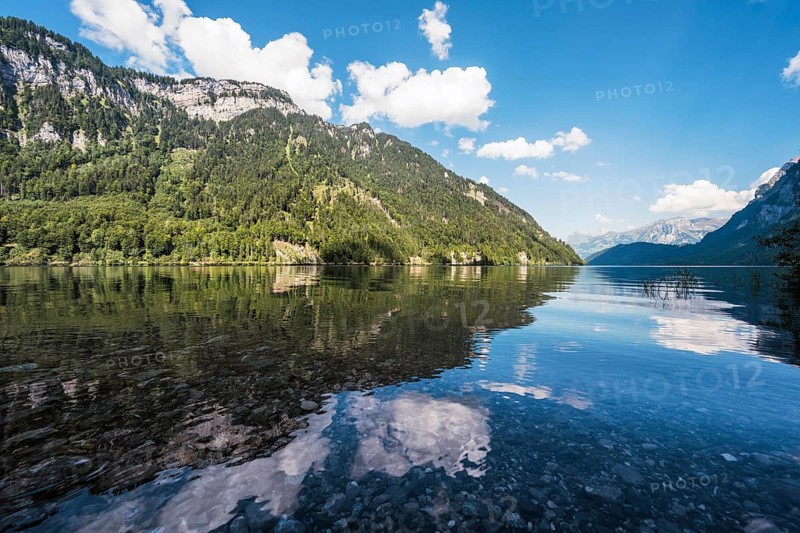 View over Lake Klöntal, Canton Glarus, Switzerland, Europe