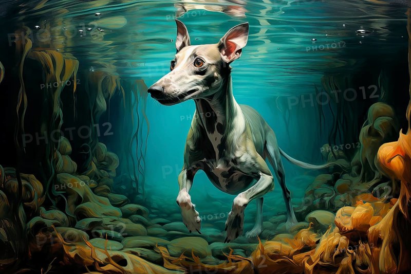 Italian Greyhound diving in a river, AI Generated