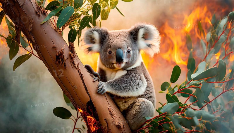 Climate change, global warming, bushfires, a koala in Australia sitting on a burning eucalyptus tree, AI generated
