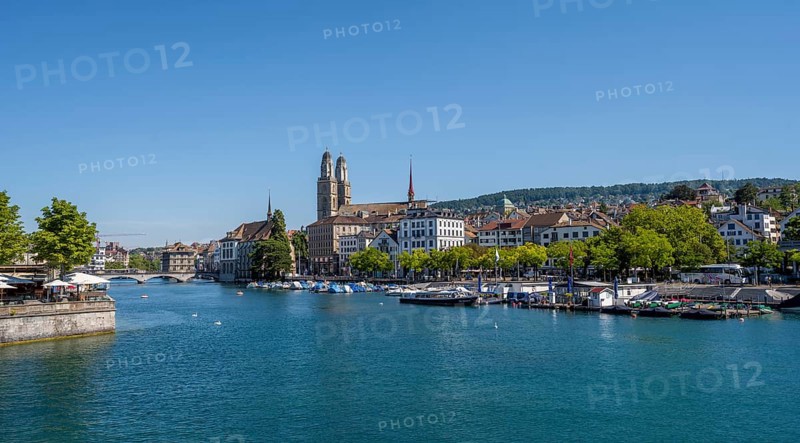 View from the Quai Bridge over the Limmat to the towers of Zurich's Old Town, Zurich, Switzerland, Europe