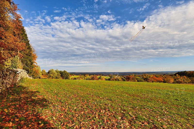 View from lookout point called 'Kraichgaublick' in state certified climatic health resort called Gaiberg in Odenwald forest in Germany on beautiful sunny autumn day