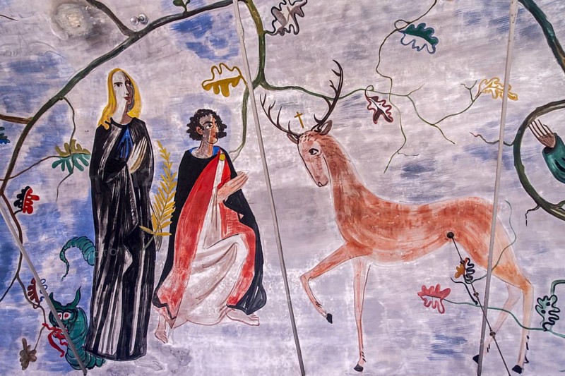 Fresco on ceiling by Hilt in the Eglise Saint-Firmin, St Fermin church at Rochehaut, province of Luxembourg, Belgian Ardennes, Wallonia, Belgium, Europe
