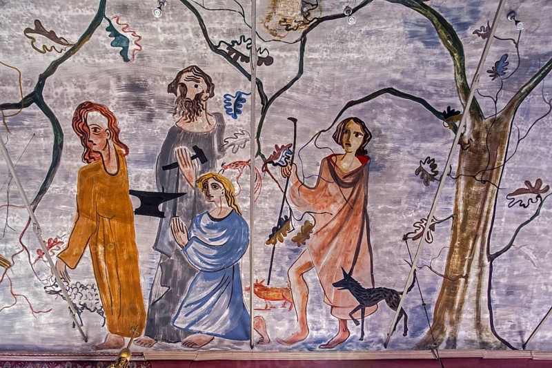 Fresco on ceiling by Hilt in the Eglise Saint-Firmin, St Fermin church at Rochehaut, province of Luxembourg, Belgian Ardennes, Wallonia, Belgium, Europe