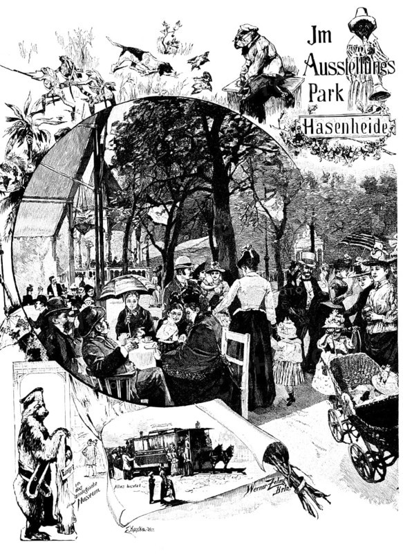In the exhibition park Hasenheide, various motifs, garden café, many people, summer, prams, small children, pleasure, coffee and cake, leisure, horse-drawn tramway, zoological museum, bear, animals, dogs, birds, Berlin, Germany, historical illustration around 1989, Europe