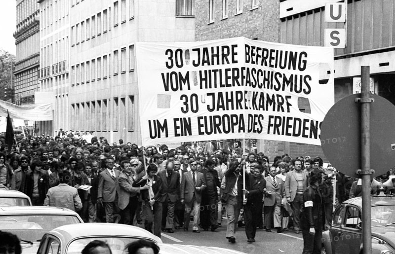 More than 40, 000 people from Germany, Italy, Chile, Spain, Greece and other countries demonstrated together on the occasion of the 30th anniversary of the end of Hitler's fascism on 10 May 1975 in Fr, Germany, Europe