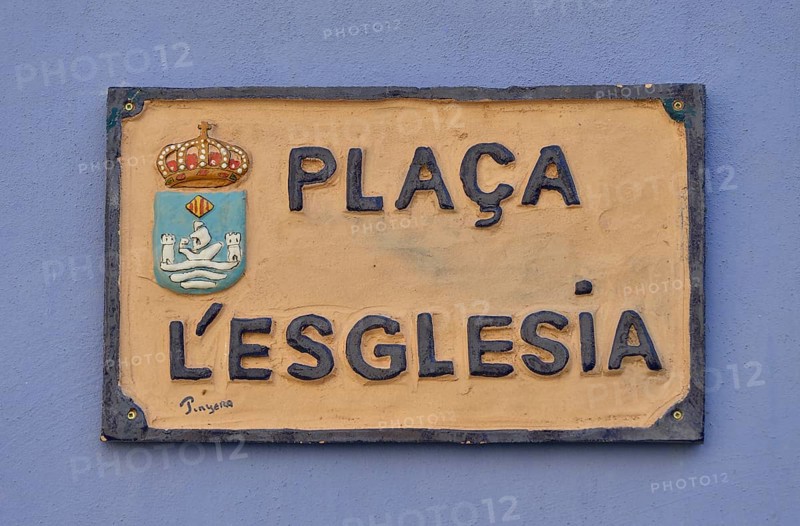 Street sign in Valencian, Placa l'Esglesia, Church Square, Villajoyosa, Costa Blanca, Spain, Europe