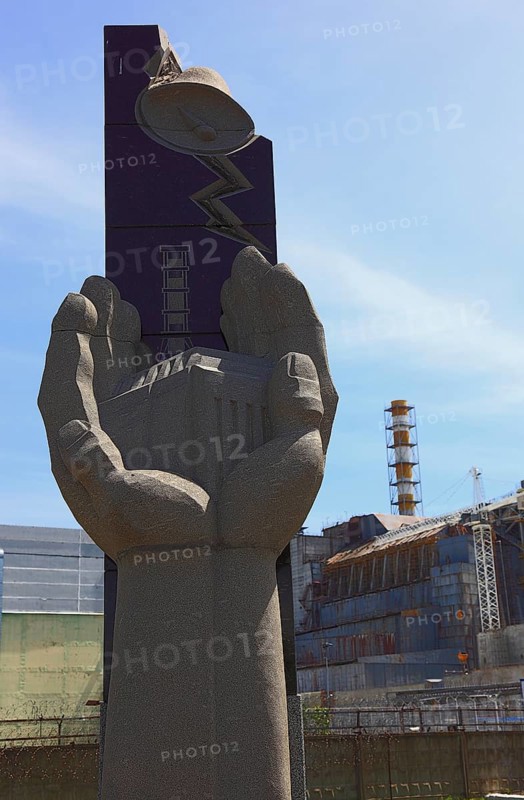 Exclusion zone, in the uninhabitable 30-kilometre zone around the Chernobyl power plant and the workers' settlement of Pripyat, memorial for the victims of the nuclear accident in front of the accident reactor, Ukraine, Europe