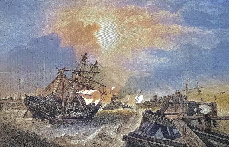 Rescue of a ship in front of the harbour entrance of Yarmouth, Isle of Wight, 1869, England, Historic, digitally restored reproduction of a 19th century original, exact original date not known