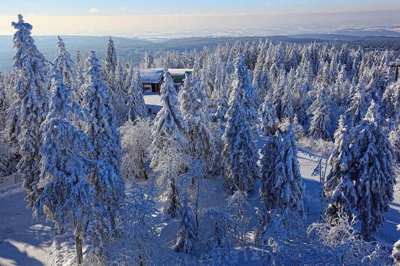 Winter landscape in the Fichtel Mountains, view from the Ochsenkopf, Bayreuth County, Upper Franconia, Bavaria, Germany, Europe