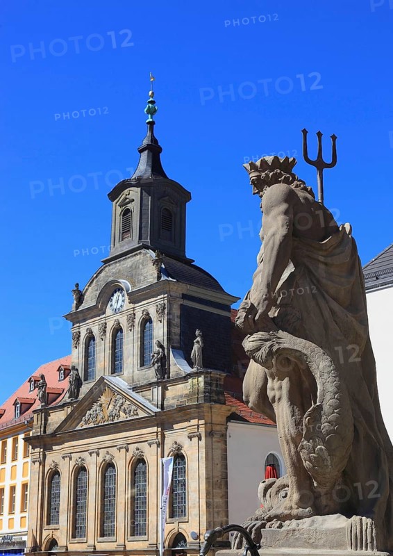 In the city centre of Bayreuth, Neptune Fountain and the Spital Church on Maximilianstrasse, Bayreuth, Upper Franconia, Bavaria, Germany, Europe