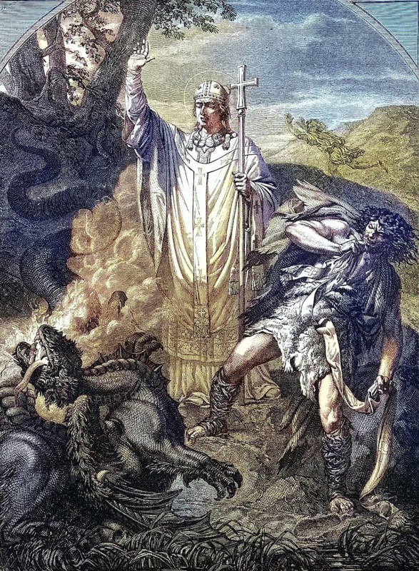 Patron saint drives away the dragon, drawing by Cabasson, Historical, digitally restored reproduction of a 19th century original