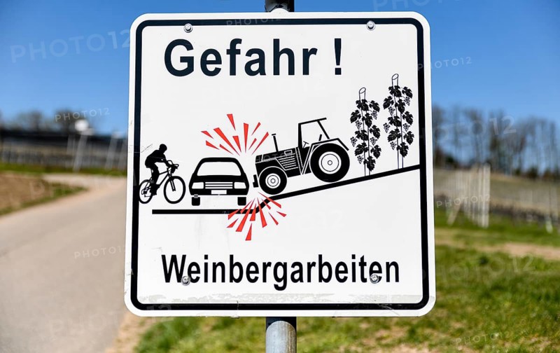 Sign danger, vineyard work, near Sasbachwalden, Black Forest, Ortenaukreis, Baden-Württemberg, Germany, Europe