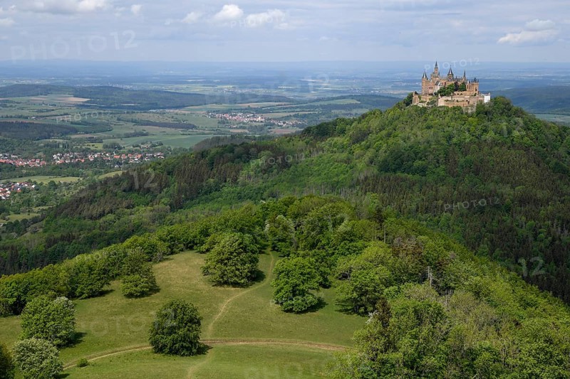 Cultural landscape, Hohenzollern Castle, near Bisingen, Zollernalbkreis, Swabian Alb, Baden-Württemberg, Germany, Europe