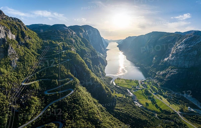 Winding road Lysevegen and village Lysebotn, hairpin bends, Lysefjord, Rogaland, Norway, Europe