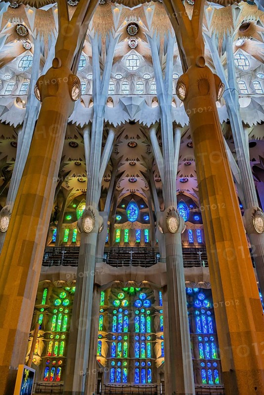 Interior view of the Familia Sagrada by the architect Antonio Gaudi in Barcelona, Spain, Europe