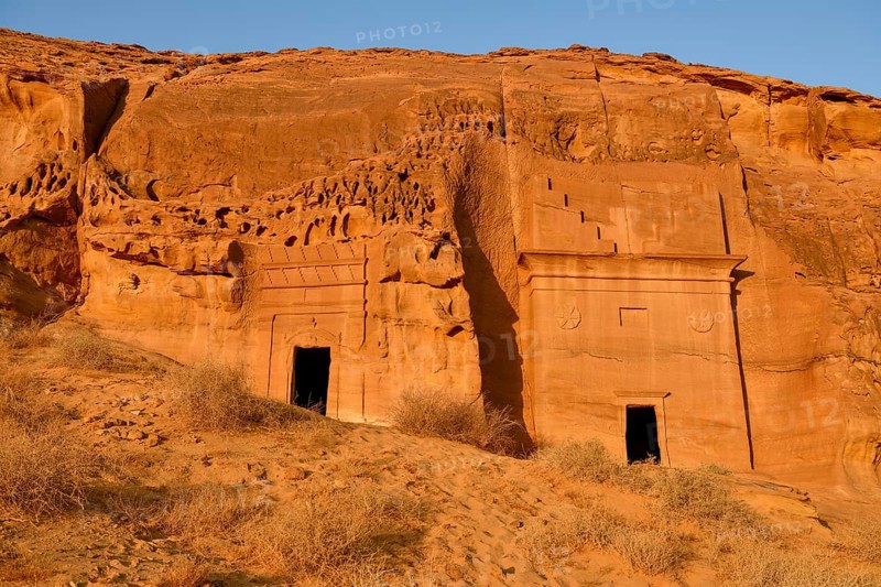 Nabataean tombs at Djabal Al-Ahmar in first daylight, Hegra or Madain Salih, AlUla region, Medina province, Saudi Arabia, Arabian Peninsula, Asia