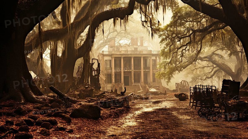 Halloween haunted mansion dimly lit amongst the foggy trees, generative AI