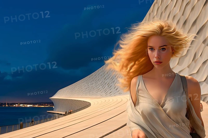 Beautiful young woman with blond hair in a modern architectural environment, Europe, AI generated