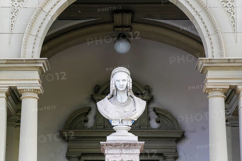 Bust of Princess Eugenie von Hohenzollern Hechingen, Princess of Leuchtenberg, monument to the great benefactress, the noble mother of the poor, sick and children, stone bust, statue, marble portrait, likeness, stonemasonry, sculpture, woman's head, art, Hechingen, Zollernalbkreis, Baden-Württemberg, Germany, Europe
