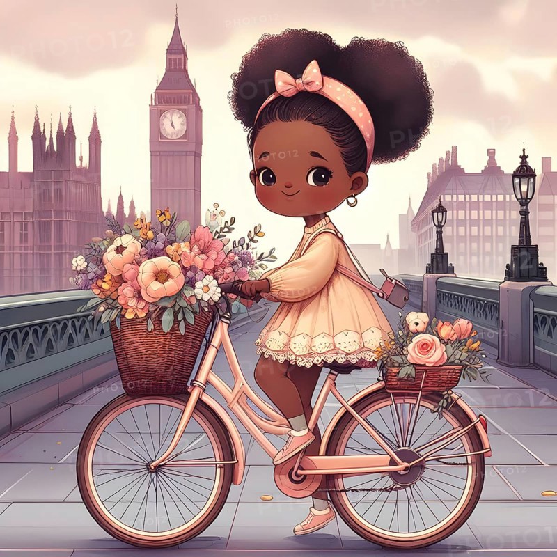 Cute anime girl on bicycle with flowers in the city of London. AI generated