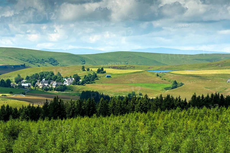 Village of la Godivelle and his lake, Cezallier plateau in the Auvergne volcanoes regional natural park, Puy de Dome department, Auvergne-Rhone-Alpes, France, Europe