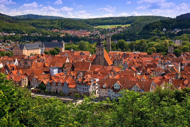 City view from an elevated position on Hann. Münden or Hannoversch Münden, Lower Saxony, Germany, Europe