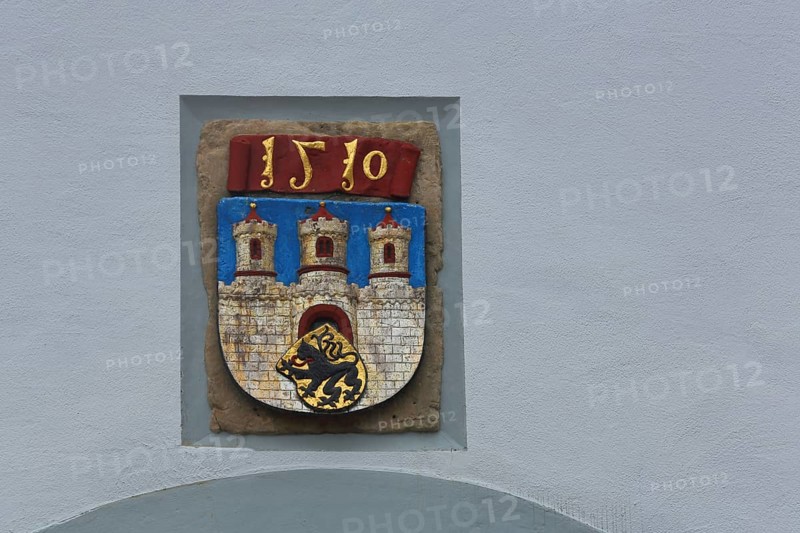 City coat of arms with the year 1510 on the town hall, Obermarkt, Freiberg, Saxony, Germany, Europe