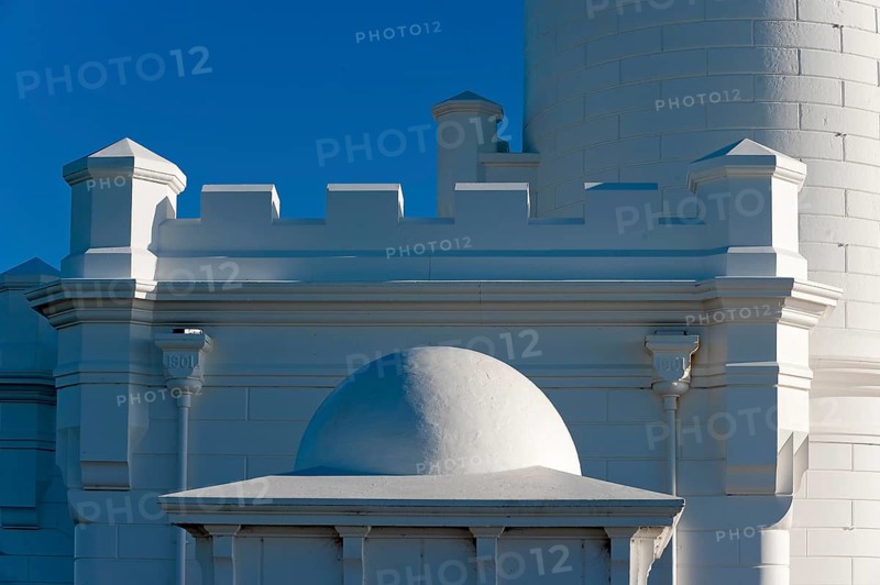 Lighthouse, detail, play of light, sun, sunlight, architecture, design, building, blue sky, seascape on the coast of Byron bay, Queensland, Australia, Oceania