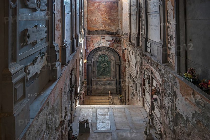 Stairway to the lower burial level, in the Monumental Cemetery, Cimitero monumentale di Staglieno), Genoa, Italy, Europe