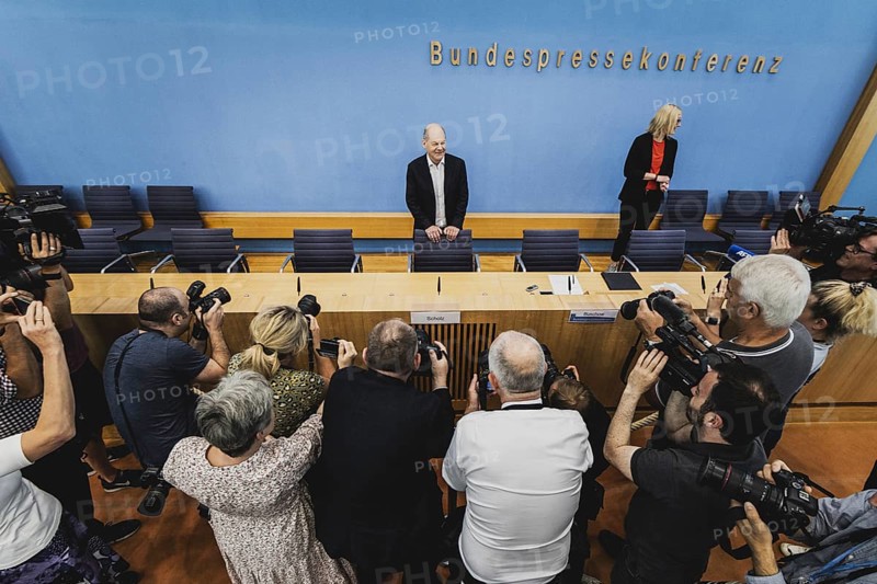 Olaf Scholz (SPD), Federal Chancellor, recorded in front of a federal press conference on current domestic and foreign policy issues Berlin, 14.07.2023., Berlin, Germany, Europe