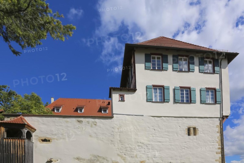 Gomaringen Castle, curtain wall, windows, green shutters, former parish seat of Johann Ulrich Schwindrazheim, Gustav Schwab Museum, former aristocratic seat, historic building, former castle, three-storey half-timbered building, architecture, Gomaringen, Baden-Württemberg, Germany, Europe