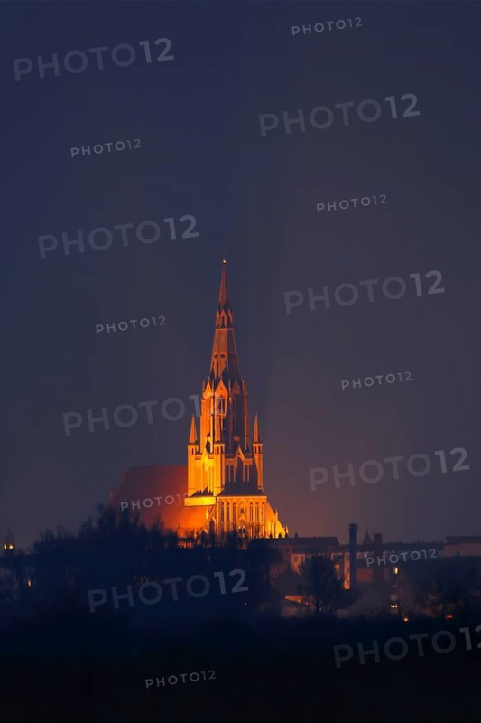 Illuminated cathedral in the Hanseatic town of Demmin on the River Peene, Peene Valley River Landscape nature park Park, Mecklenburg-Western Pomerania, Germany, Europe
