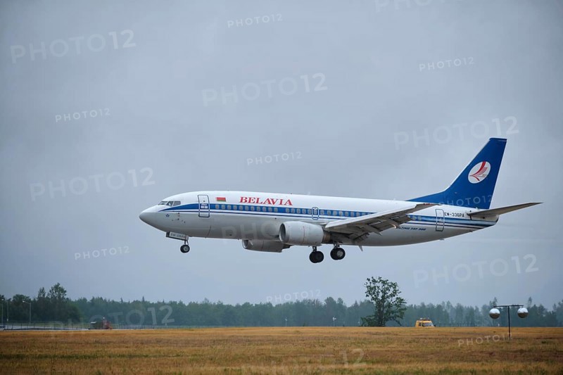 Minsk, Belarus, June 15, 2018: Belavia belarusian airlines flight Boeing 737-300 plane landing on runway in National Airport Minsk, Europe