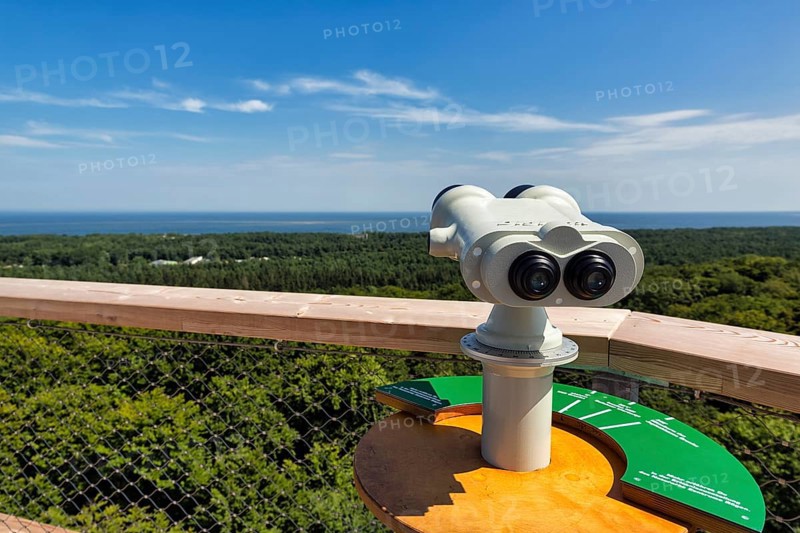 White telescope on viewing platform points towards the Baltic Sea, treetop path at the Rügen Natural Heritage Centre, Prora, Binz, Rügen, Mecklenburg-Western Pomerania, Germany, Europe