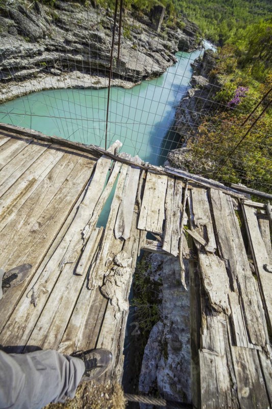 Broken bridge, valley of the Vjosa, the Vjosë is one of the few larger natural rivers in Europe, National Park Wild River Vjosa, Përmet, Qark Gjirokastra, Albania, Europe