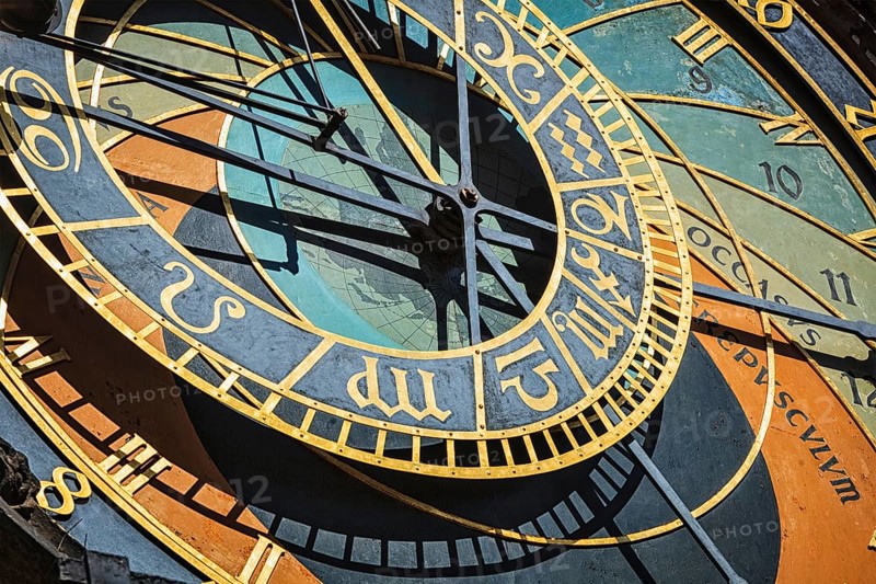 Famous astronomical clock on Town Hall. Prague, Czech Republic. The text is is occasus (sunset), and crepusculum (twilight)