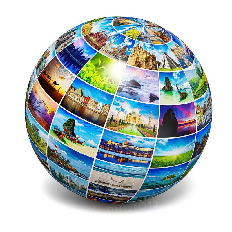 Global travel media world globe concept, picture sphere with travel images isolated on white. All photos are from my portfolio
