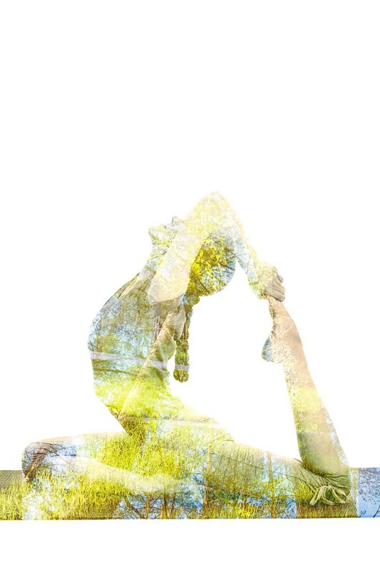 Nature harmony healthy lifestyle concept, double exposure image of woman doing yoga asana King Pigeon Pose Raja Kapotasana exercise isolated on white background