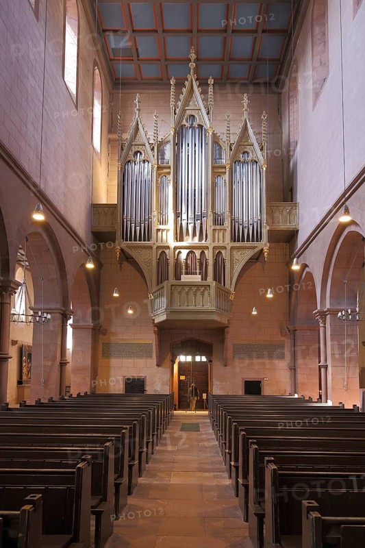 Interior view with organ of the Romanesque Gothic Marienkirche and landmark of Gelnhausen, Hesse, Germany, Europe
