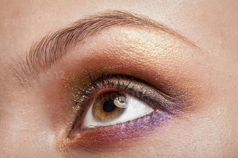 Macro image of human woman eye with make up