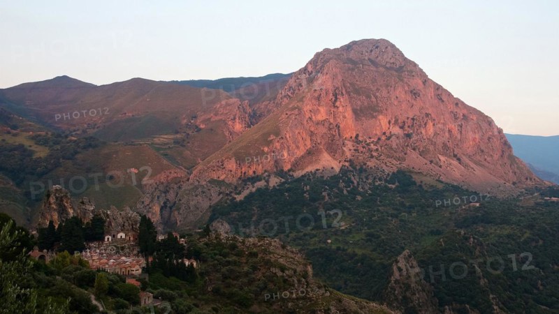 Red evening light, Mountain, Cemetery, Militello Rosmarino, Village, Nebrodi National Park, Sicily, Italy, Europe