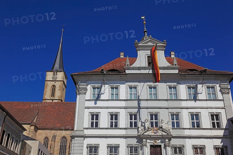 The town parish church of Sankt Veit and the town hall, Iphofen, district of Kitzingen, Lower Franconia, Bavaria, Germany, Europe