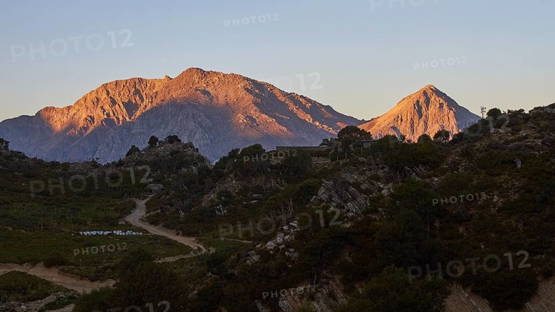Kallergi Hut, Samaria Gorge, red morning light, cloudless blue sky, Omalos, Lefka Ori, White Mountains, West Crete, Island of Crete, Greece, Europe