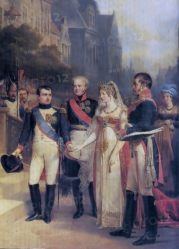 Reception at the Peace of Tilsit 1807 Napoleon, Alexander I of Russia, Luise and Frederick William III Painting by Nicolas Gosse, Historic, digitally restored reproduction of a 19th century original, exact date unknown