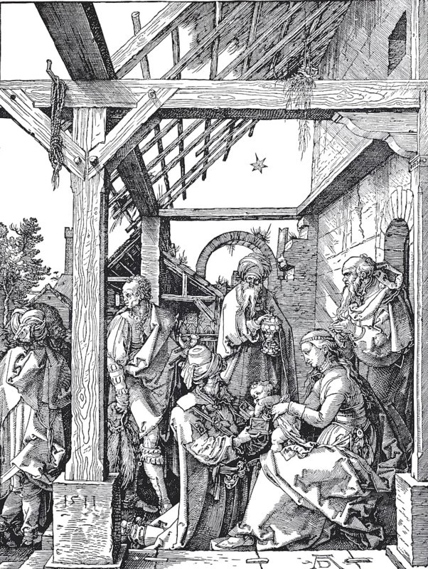 The Adoration of the Magi, woodcut by Albrecht Dürer, historical, digital improved reproduction of an old woodcut