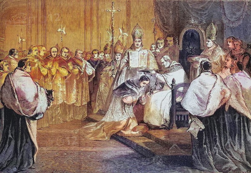 Pope Pius IX presenting the Cardinal's Hat to Lucien-Louis-Joseph-Napoleon Bonaparte, 4th Prince of Canino and Musignano (15 November 1828) (19 November 1895) 1868, Historic, digitally restored reproduction of an original 19th century artwork, exact original date unknown