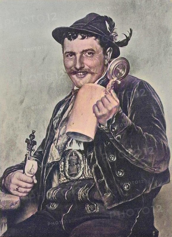 Bavarian man, 1880, wearing traditional traditional costume and holding a beer mug and a pipe, Bavaria, Germany, Historic, digitally restored reproduction of a 19th-century original, Europe