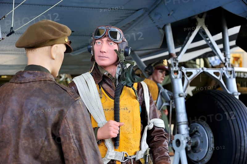 Uniform of an American fighter pilot with life jacket in the Airborne Museum in Sainte-Mere-Église, Normandy, France, Europe