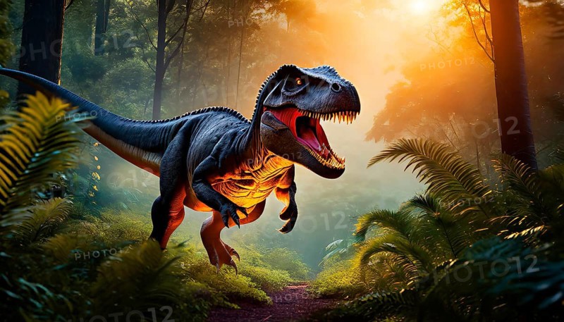 A dinosaur Tyrannosaurus Rex roaring in a prehistoric forest with lush vegetation, AI generated